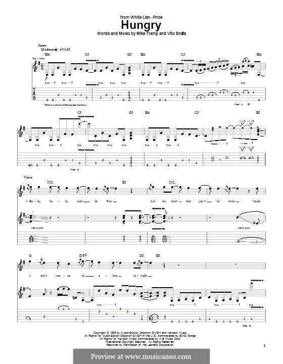WHITE LION BIG GAME ギタースコア 楽譜 Hungry (White Lion) by M. Tramp, V. Bratta - sheet music on MusicaNeo