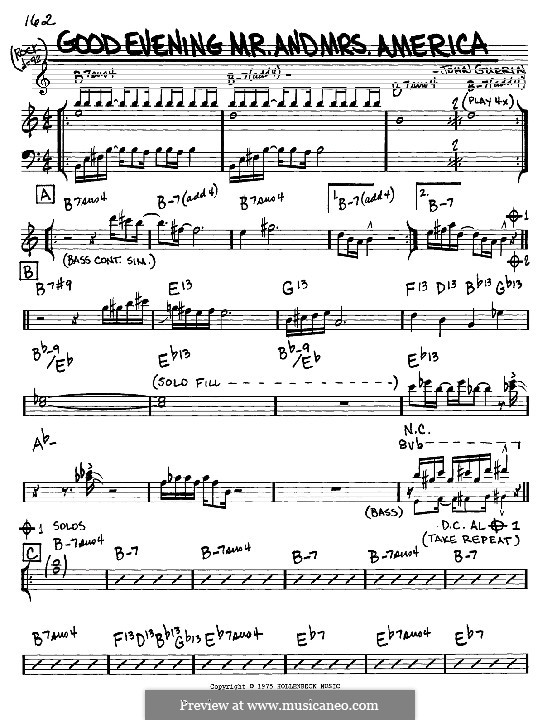 Good Evening Mr. and Mrs. America: Melody and chords - Eb instruments by John Guerin