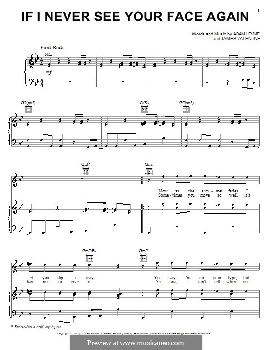 If I Never See Your Face Again (Maroon 5): For voice and piano (or guitar) by Adam Levine, James Valentine