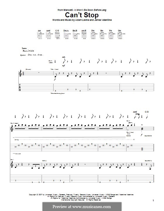 Can't Stop (Maroon 5): For guitar with tab by Adam Levine, James Valentine