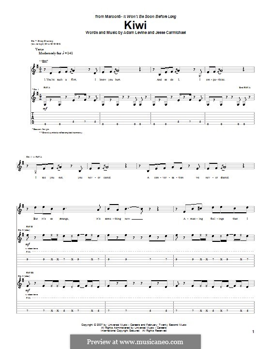 Kiwi (Maroon 5): For guitar with tab by Adam Levine, Jesse Carmichael