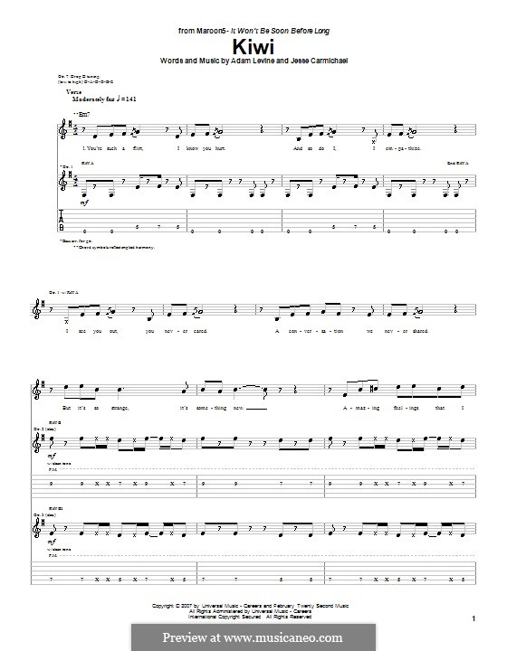 Kiwi (Maroon 5): For guitar with tab by Adam Levine, Jesse Carmichael