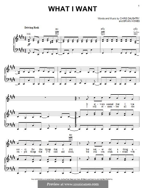 What I Want (Daughtry featuring Slash): For voice and piano (or guitar) by Brian Howes, Chris Daughtry