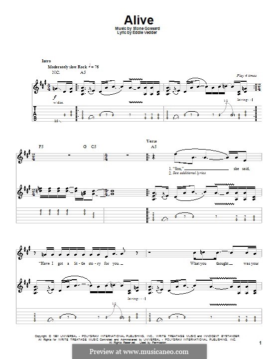 Alive (Pearl Jam): For guitar with tab by Stone Gossard