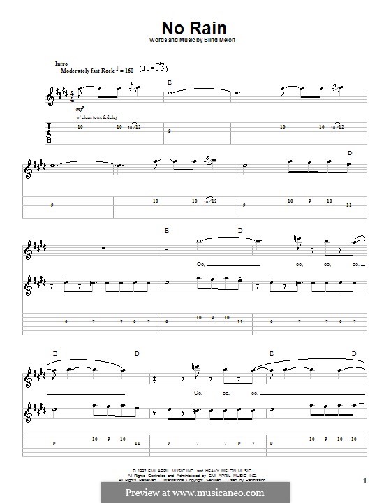 No Rain (Blind Melon): For guitar with tab by Brad Smith, Christopher Thorn, Glen Graham, Roger Stevens, Shannon Hoon