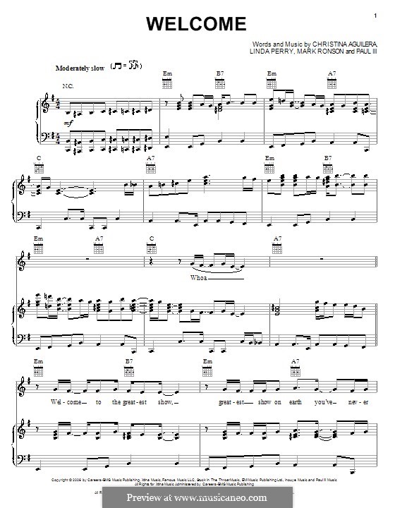 Welcome: For voice and piano (or guitar) by Christina Aguilera, Linda Perry, Mark Ronson, Paul III