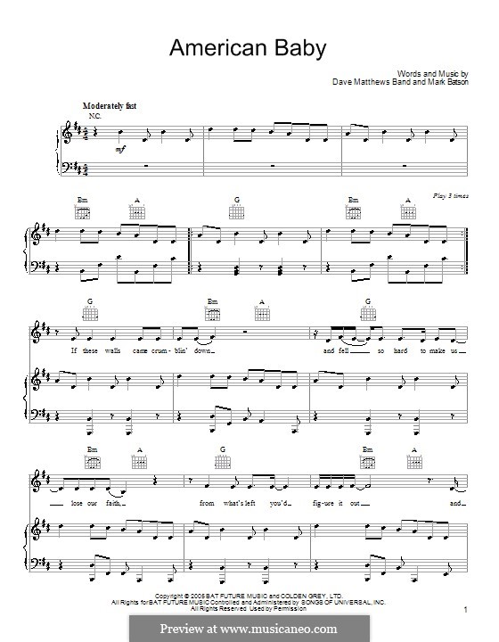 American Baby (Dave Matthews Band): For voice and piano (or guitar) by Mark Batson