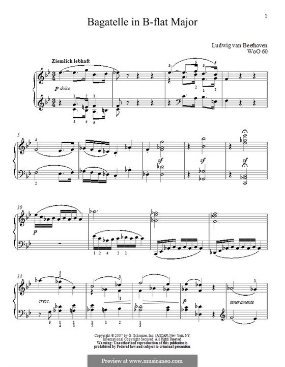 Bagatelle in B Flat Major, WoO 60: For piano by Ludwig van Beethoven