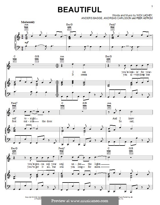 Beautiful (Nick Lachey): For voice and piano (or guitar) by Anders Bagge, Andreas Carlsson, Peer Åström