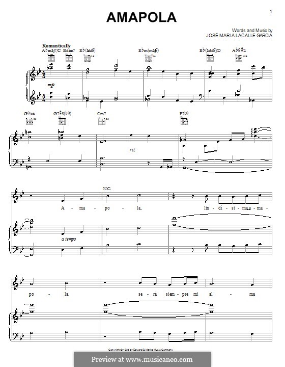 Amapola (Pretty Little Poppy): For voice and piano (or guitar) by Joseph M. Lacalle
