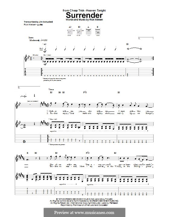 Surrender (Cheap Trick): For guitar with tab by Rick Nielsen