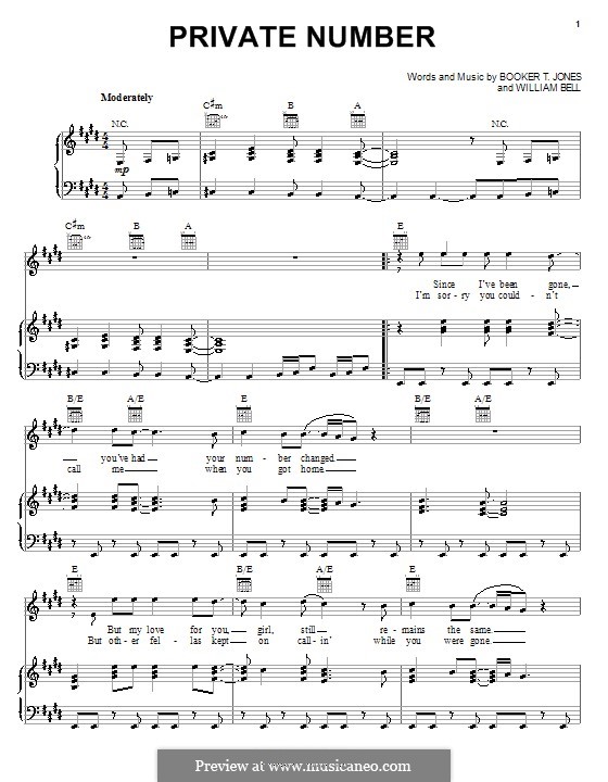Private Number (William Bell & Judy Clay): For voice and piano (or guitar) by Booker T. Jones, William Bell