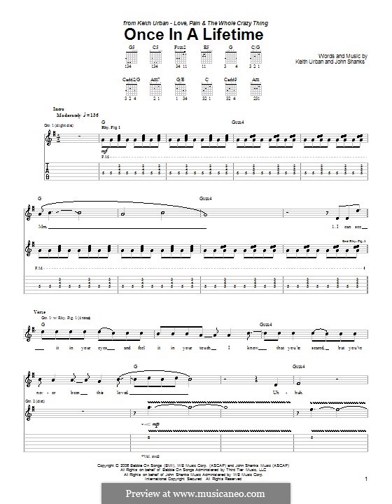 Once in a Lifetime (Keith Urban): For guitar with tab by John M Shanks