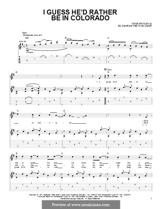 I Guess He'd Rather Be in Colorado: For guitar with tab by Bill Danoff, Taffy Nivert Danoff