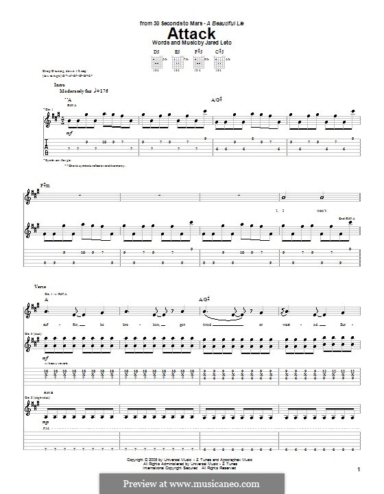 Attack (30 Seconds to Mars): For guitar with tab by Jared Leto