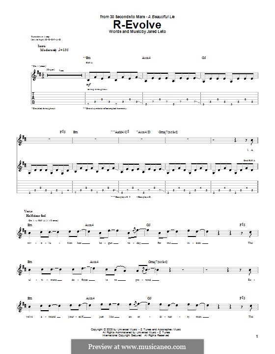 R-Evolve (30 Seconds to Mars): For guitar with tab by Jared Leto