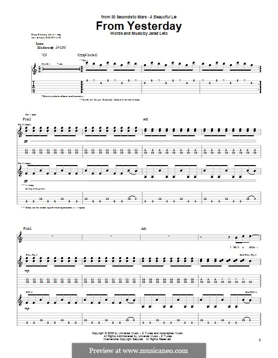 From Yesterday (30 Seconds to Mars): For guitar with tab by Jared Leto