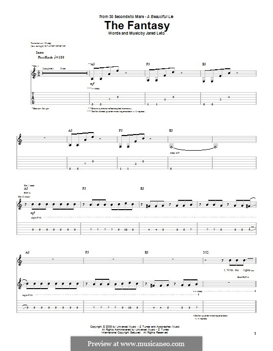 The Fantasy (30 Seconds to Mars): For guitar with tab by Jared Leto