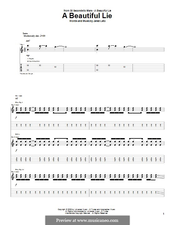 A Beautiful Lie (30 Seconds to Mars): For guitar with tab by Jared Leto