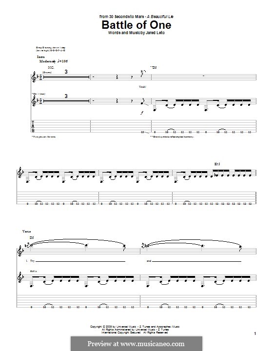 Battle of One (30 Seconds to Mars): For guitar with tab by Jared Leto