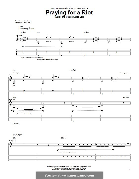 Praying for a Riot (30 Seconds to Mars): For guitar with tab by Jared Leto