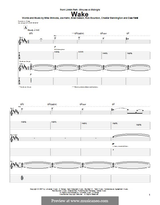 Wake (Linkin Park): For guitar with tab by Brad Delson, Charles Bennington, David Farrell, Joseph Hahn, Mike Shinoda, Rob Bourdon