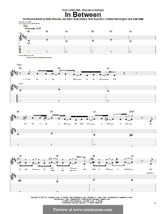 In Between (Linkin Park): For guitar with tab by Brad Delson, Charles Bennington, David Farrell, Joseph Hahn, Mike Shinoda, Rob Bourdon