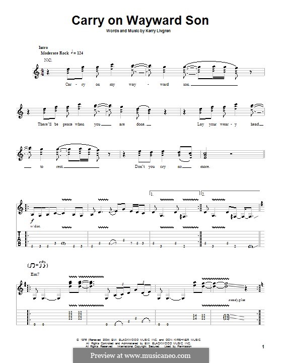 Carry on Wayward Son (Kansas): For guitar with tab by Kerry Livgren