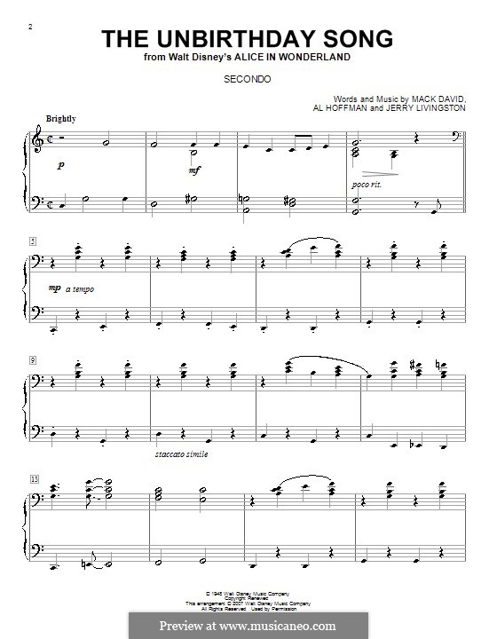 The Unbirthday Song: For piano four hands by Al Hoffman, Jerry Livingston, Mack David