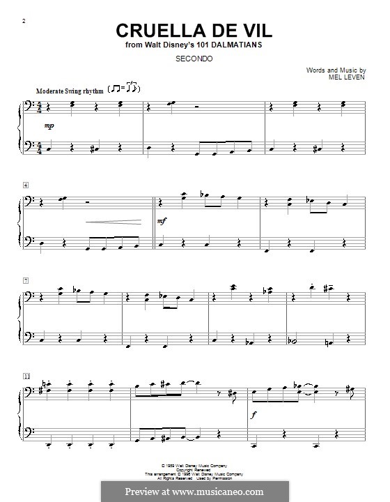 Cruella de Vil (from 101 Dalmatians): For piano four hands by Mel Leven