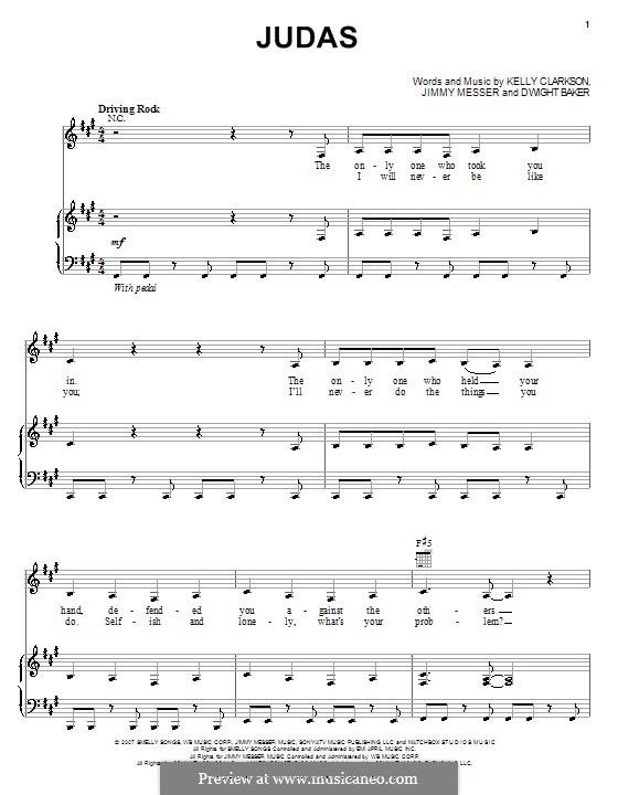 Judas (Kelly Clarkson): For voice and piano (or guitar) by Dwight Baker, Jimmy Messer