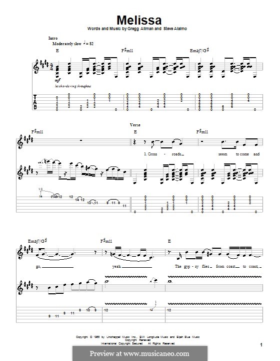 Melissa (The Allman Brothers Band): For guitar with tab by Gregg Allman, Steve Alaimo