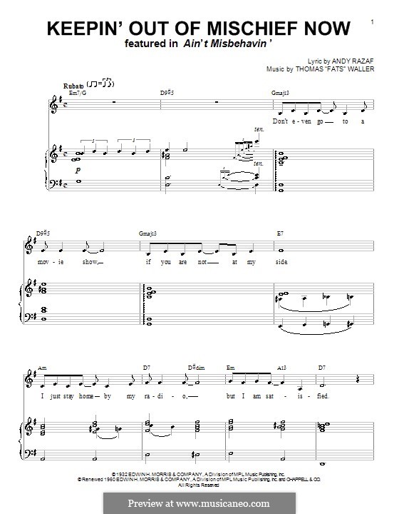 Keepin' Out of Mischief Now: For voice and piano (or guitar) by Fats Waller