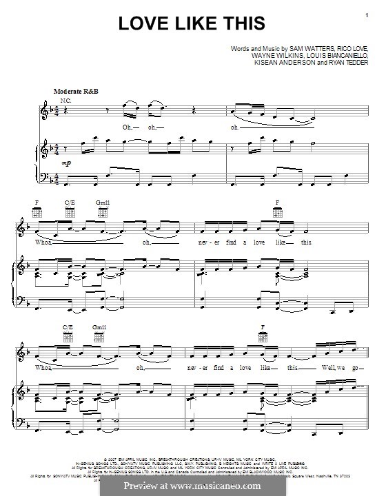 Love Like This (Natasha Bedingfield featuring Sean Kingston): For voice and piano (or guitar) by Louis Biancaniello, Rico Love, Ryan B Tedder, Samuel Watters, Wayne Wilkins