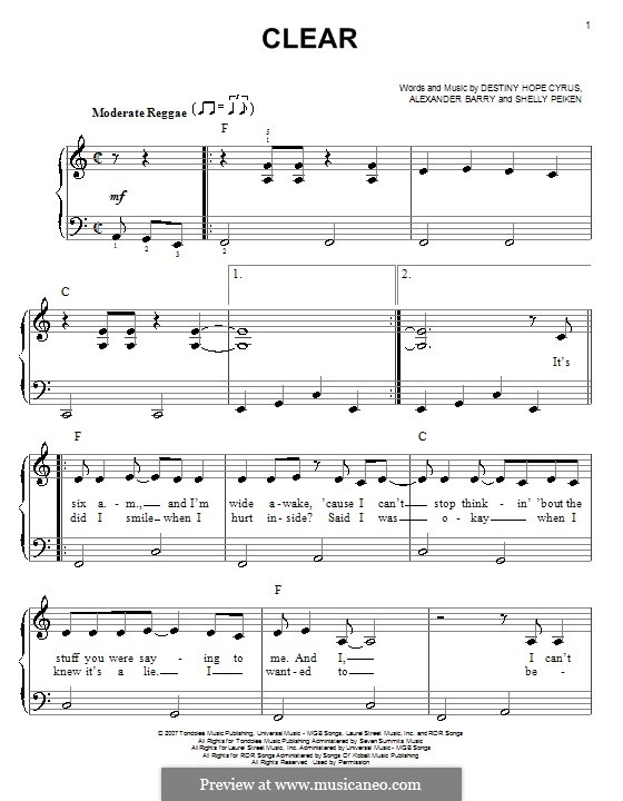 Clear (Hannah Montana): For easy piano by Alexander Barry, Destiny Hope Cyrus, Shelly Peiken