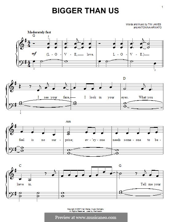 Bigger Than Us (Hannah Montana): For easy piano by Antonina Armato, Timothy James