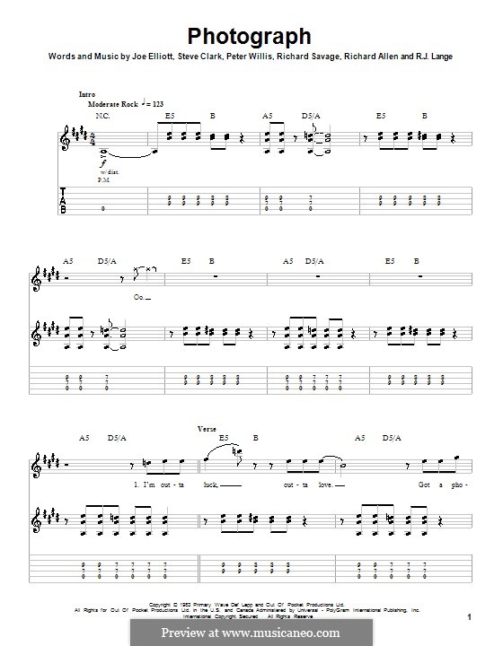 Photograph (Def Leppard): For guitar with tab by Joe Elliott, Peter Willis, Richard Allen, Richard Savage, Robert John Lange, Steve Clark