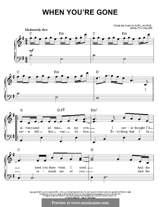 When You're Gone: For easy piano by Avril Lavigne, Butch Walker