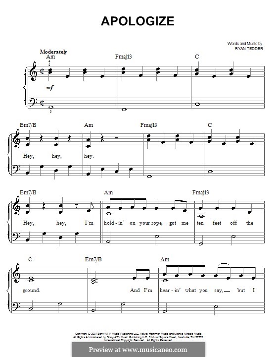 Apologize (OneRepublic): For easy piano by Ryan B Tedder