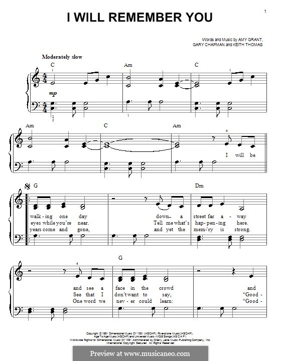 I Will Remember You: For easy piano by Gary Chapman, Keith Thomas