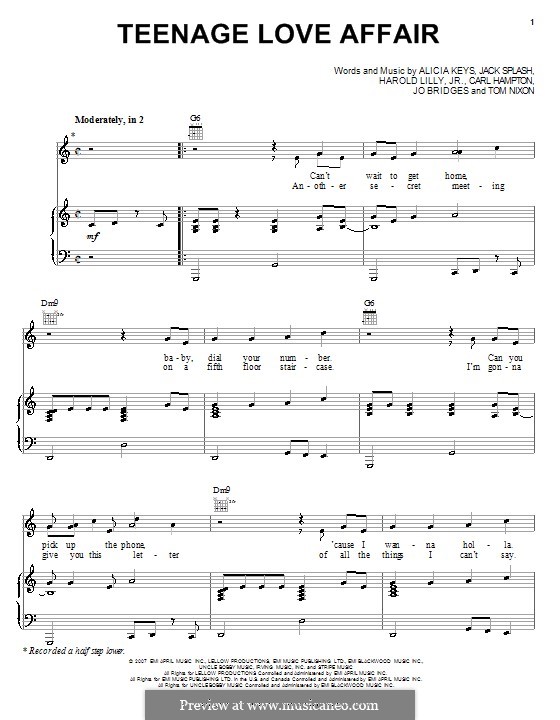 Teenage Love Affair (Alicia Keys): For voice and piano (or guitar) by Carl Hampton, Harold Lilly Jr., Jack Splash, Josephine Bridges, Matthew Kahane, Tom Nixon