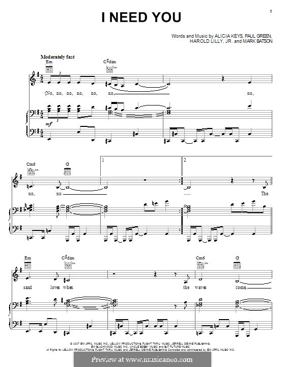 I Need You (Alicia Keys): For voice and piano (or guitar) by Harold Lilly Jr., Mark Batson, Paul Green
