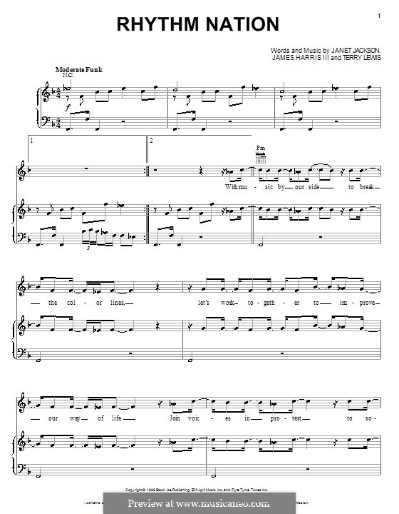 Rhythm Nation (Janet Jackson): For voice and piano (or guitar) by James Samuel Harris III, Terry Lewis