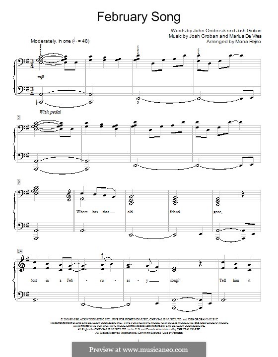 February Song (Josh Groban): For piano by John Ondrasik, Marius De Vries