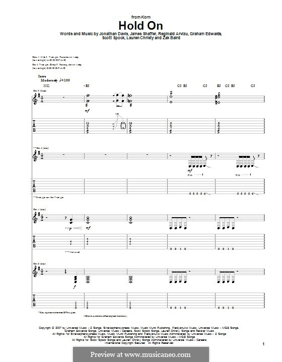 Hold On (Korn): For guitar with tab by Graham Edwards, James Shaffer, Jonathan Davis, Lauren Christy, Reginald Arvizu, Scott Spock, Zak Baird