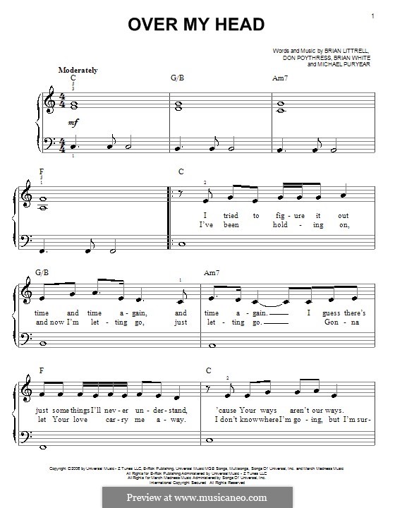 Over My Head (Brian Littrell): For easy piano by Brian Gene White, Don Poythress, Michael Puryear