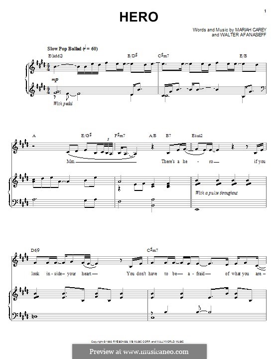 Hero: For voice and piano (or guitar) by Mariah Carey, Walter Afanasieff
