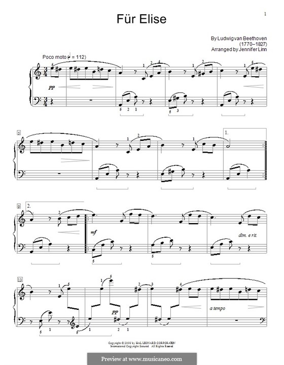 For Elise, for Piano, WoO 59: Version by J. Linn by Ludwig van Beethoven