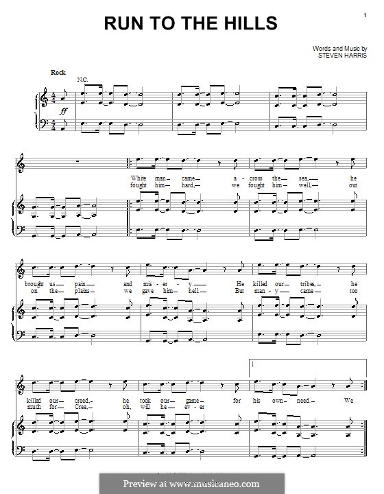 Run to the Hills (Iron Maiden): For voice and piano (or guitar) by Steve Harris