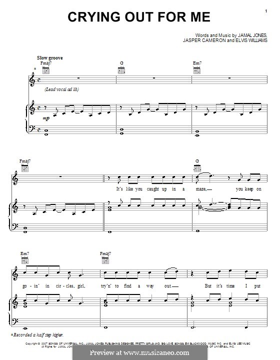 Crying Out for Me (Mario): For voice and piano (or guitar) by Elvis Williams, Jamal Jones, Jasper Cameron
